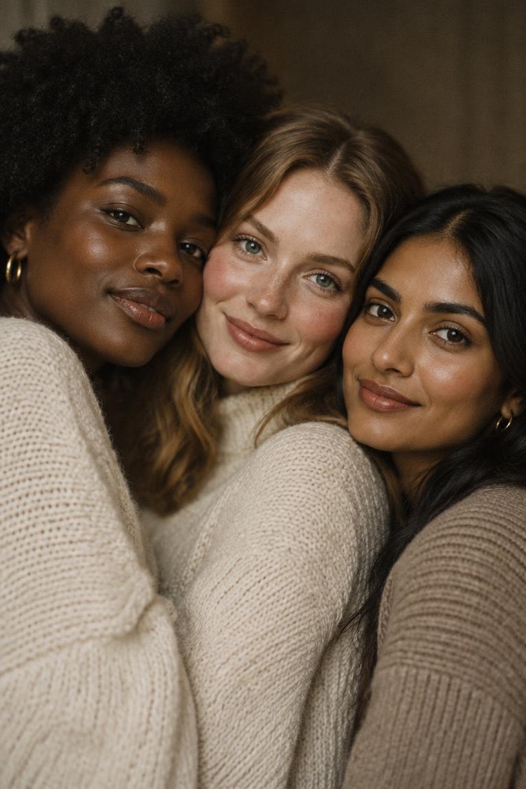 Three women close together smiling softly