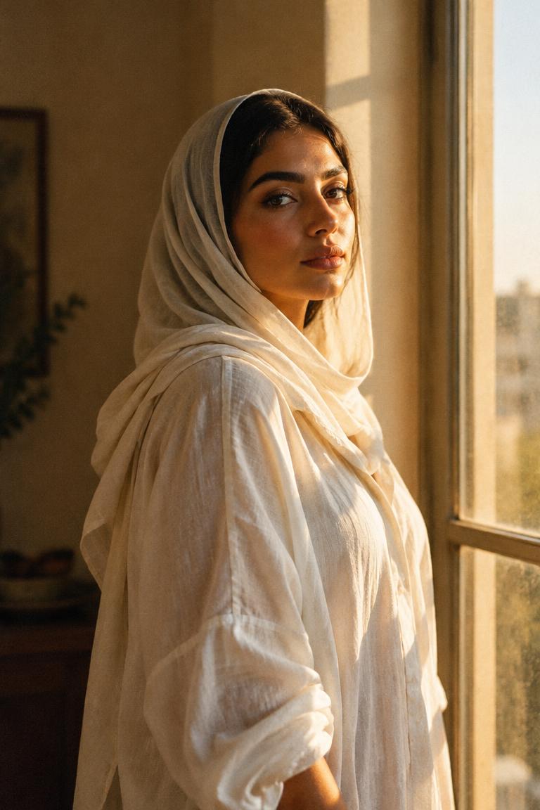 Woman by a sunlit window in a draped white wrap
